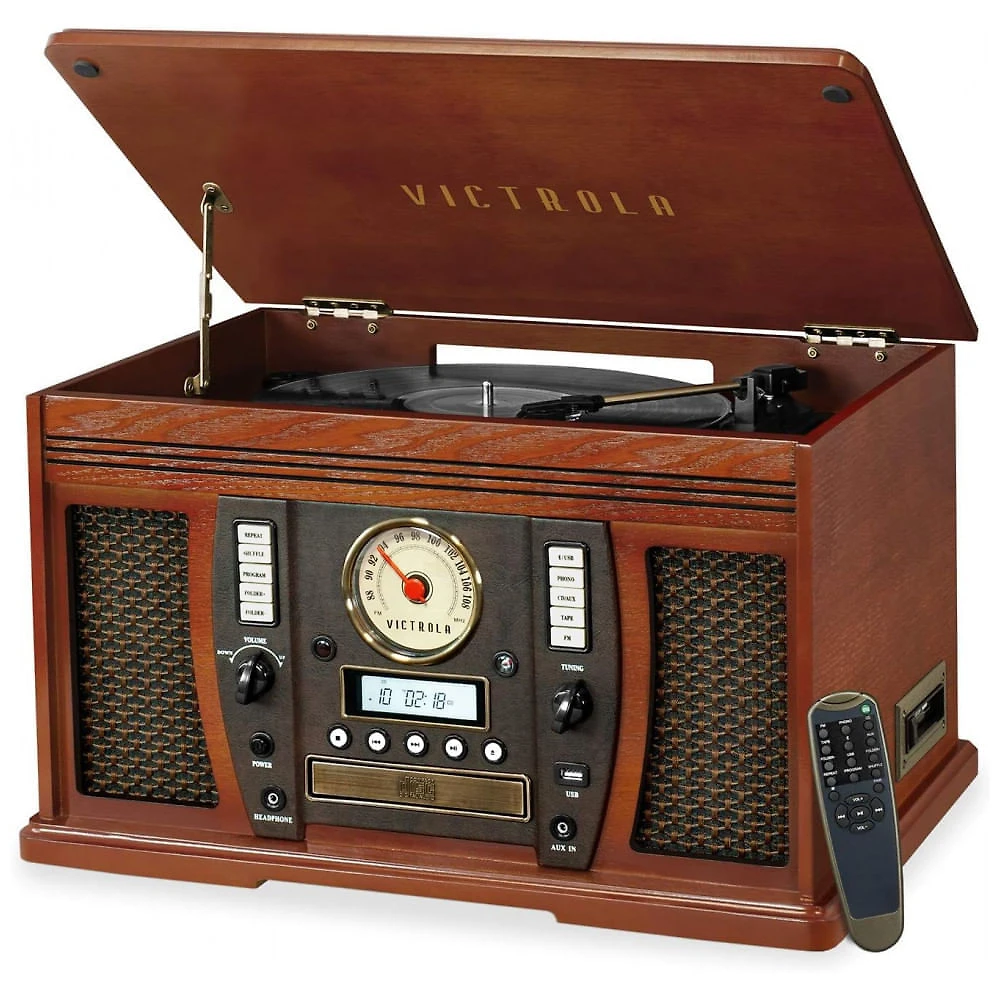Toca Discos Central Multimídia 8 em 1 com Bluetooth e Alto-falantes Integrados, Victrola Aviator, Marrom