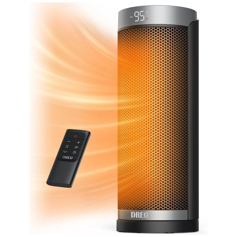 Aquecedor de Torre DREO PTC 1500W 40,11 cm Oscilação 70 graus ECO Timer 12h Controle Remoto 35dB ETL 120V