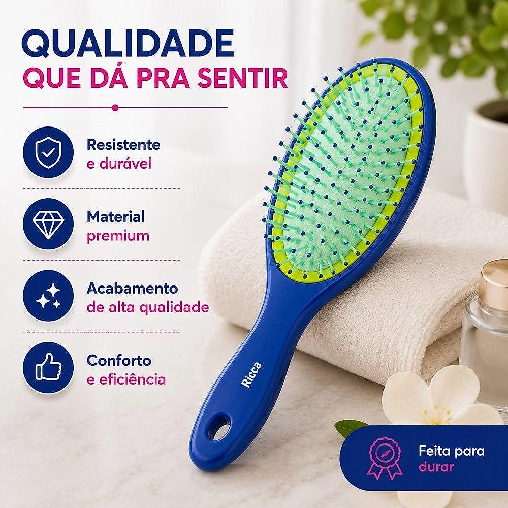 Escova Desembaraçante Midi Colors com Cerdas Flexíveis Kit 3 Azul Ricca