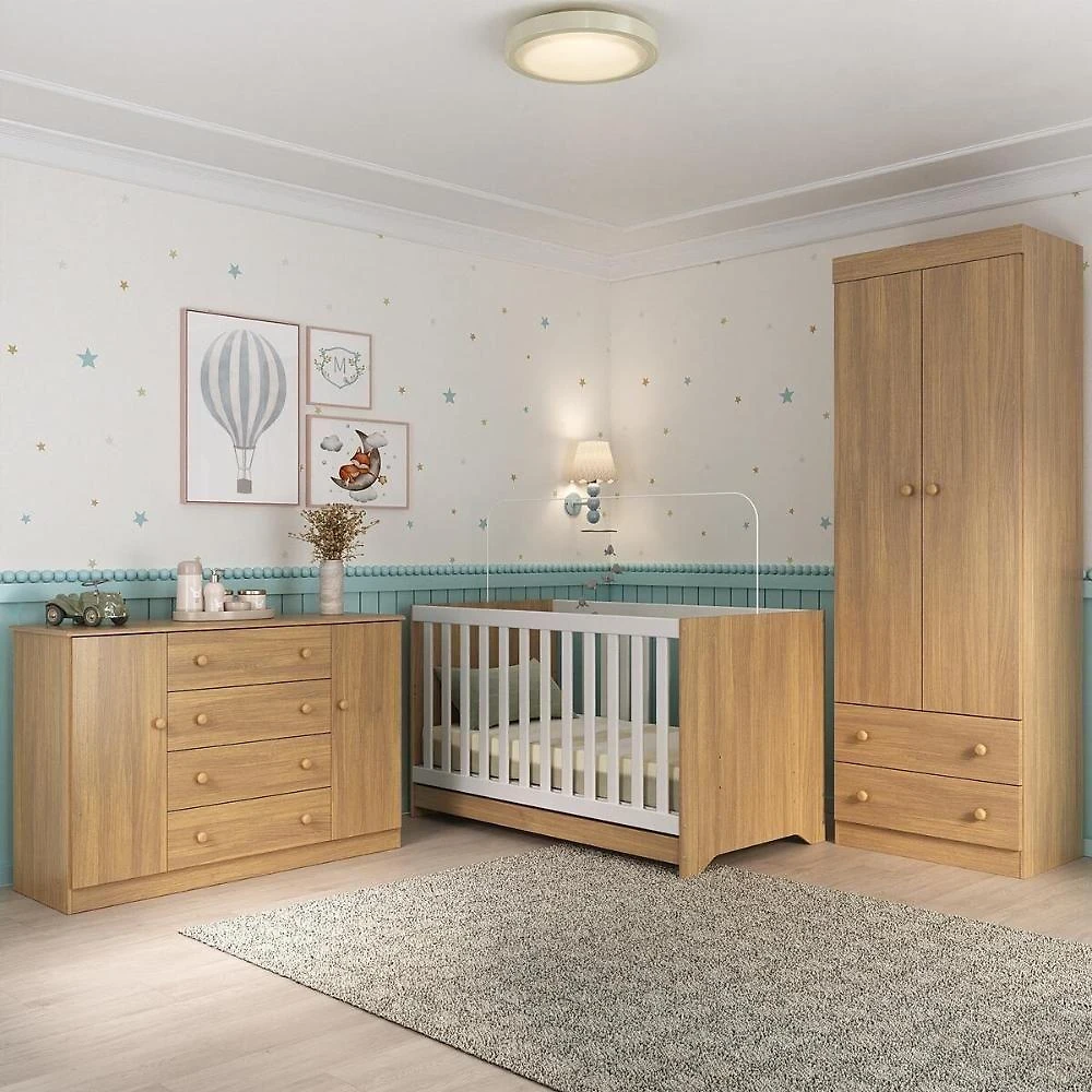 Quarto De Bebê Completo Com Berço Americano 3 Em 1 Encanto Multimóveis MP4593 Madeirado