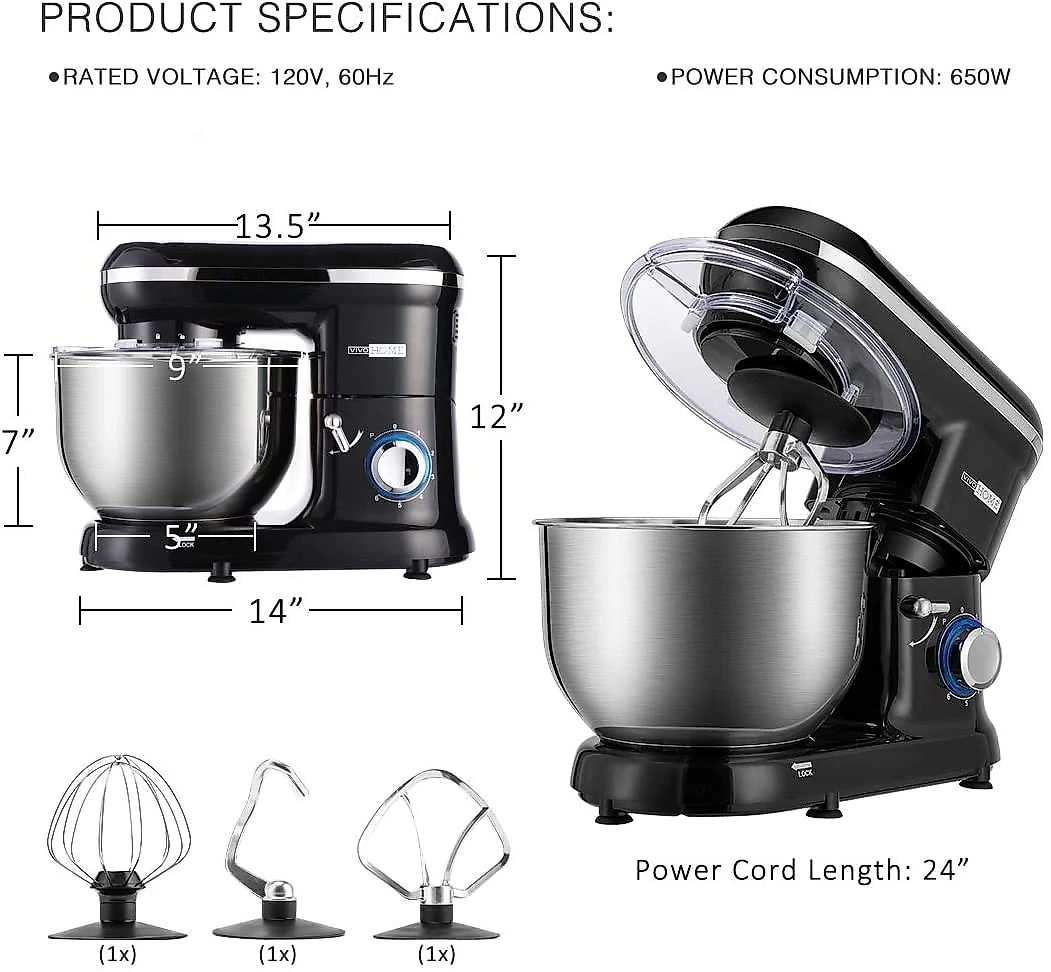 VIVOHOME BatedeiraMixer 650W 6 Velocidades 6L Preto 110V
