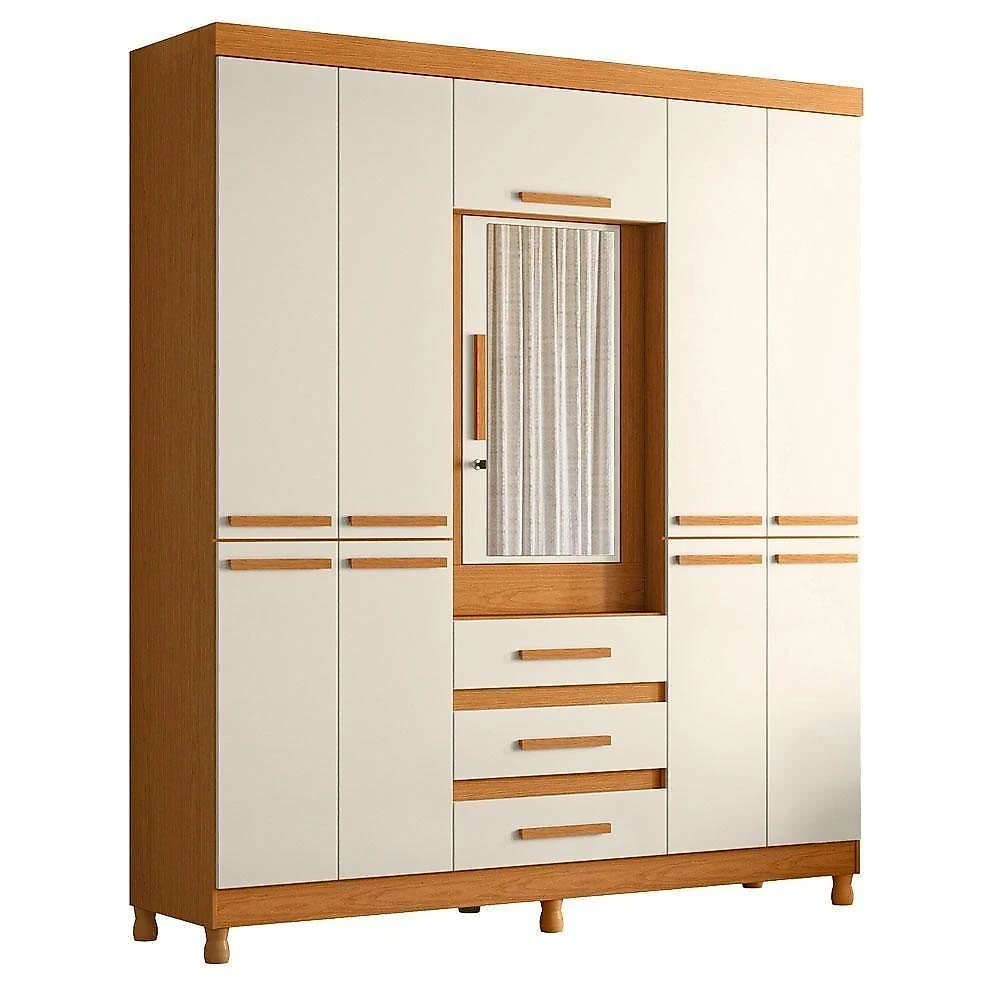 Guarda Roupa Casal New Fusion 10 Portas 3 Gavetas MDF Espelho Cinamomo Off White Albatroz Móveis