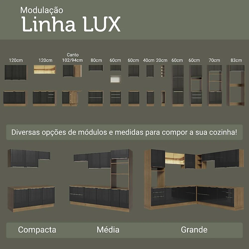 Armário de cozinha completa 340 x 60 cm rustic/preto lux madesa 04