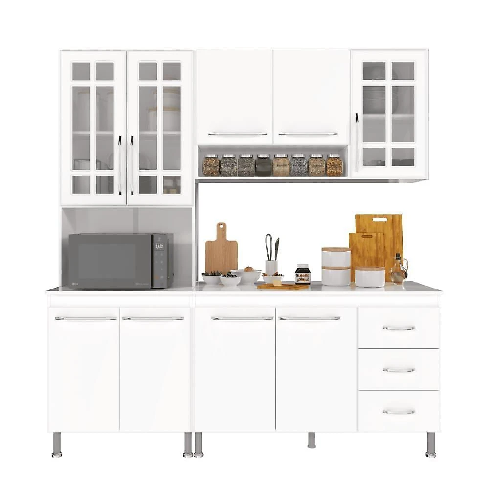 Armário de Cozinha Modulada Viena 3 Peças 9 Portas 3 Gavetas 190cm Branco Fidelita Móveis