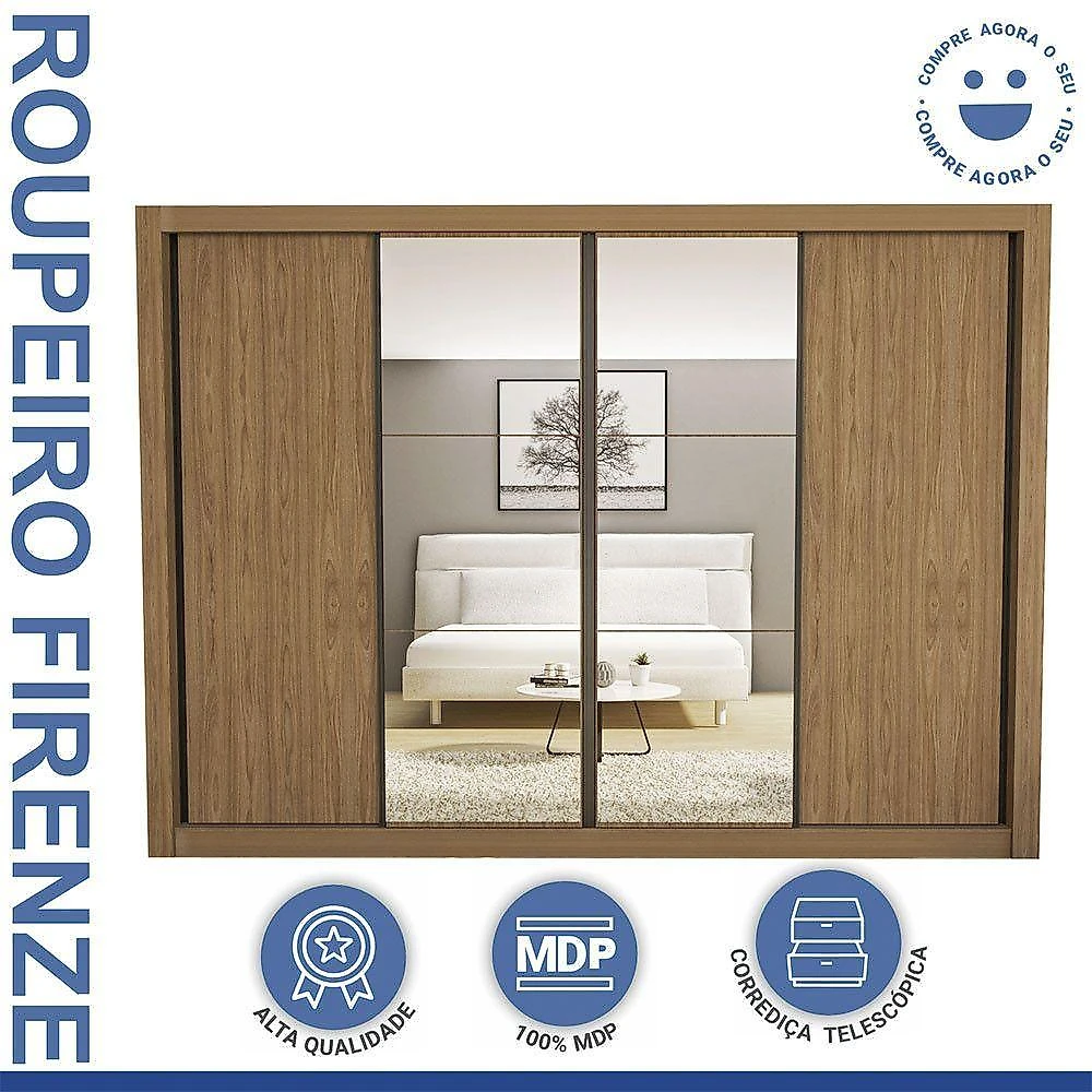 Guarda Roupa Casal Firenze Com 6 Espelhos 4 Portas Minastex Carvalho