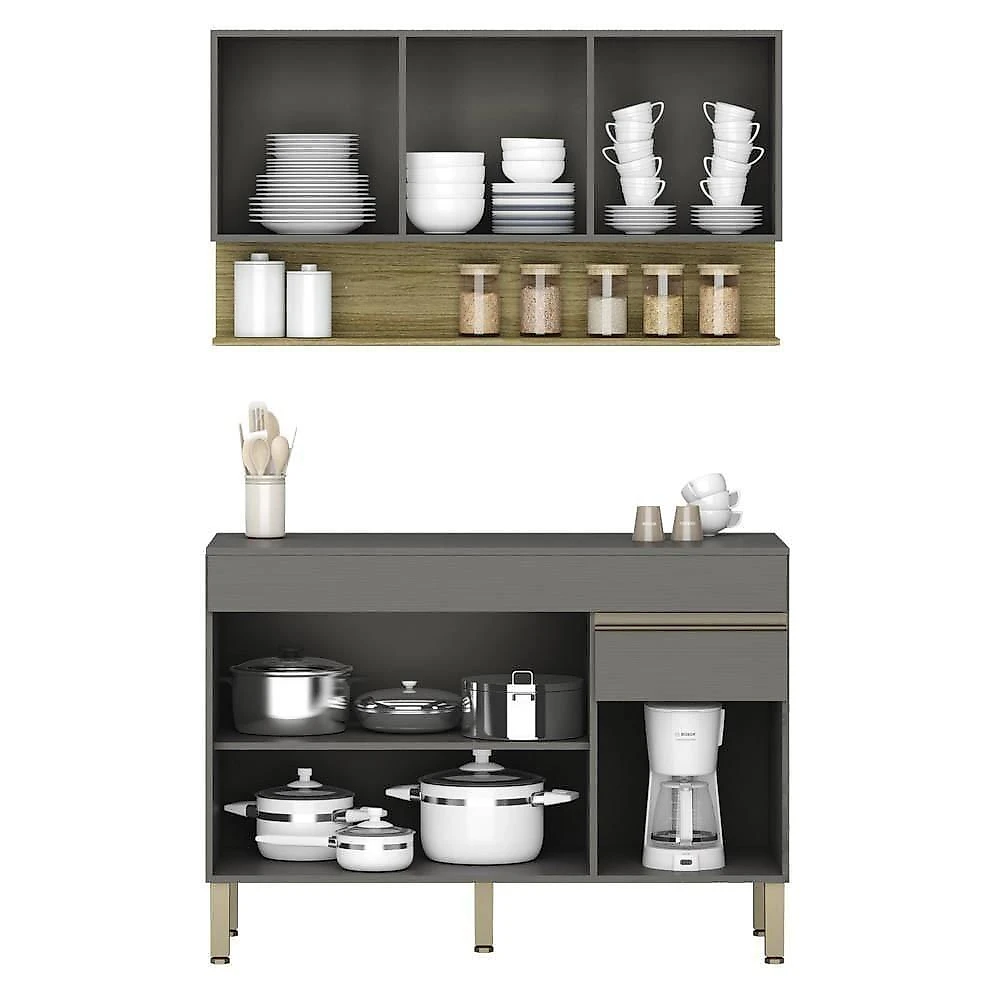 Armário De Cozinha E Balcão Com Tampo 120cm Lina K02 Gris/freijó - Mpozenato
