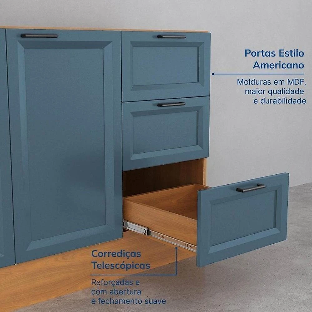 Cozinha Compacta 4 Peças 2 Aéreos 2 Balcões Soho CabeCasa MadeiraOriginals Freijó/Azul