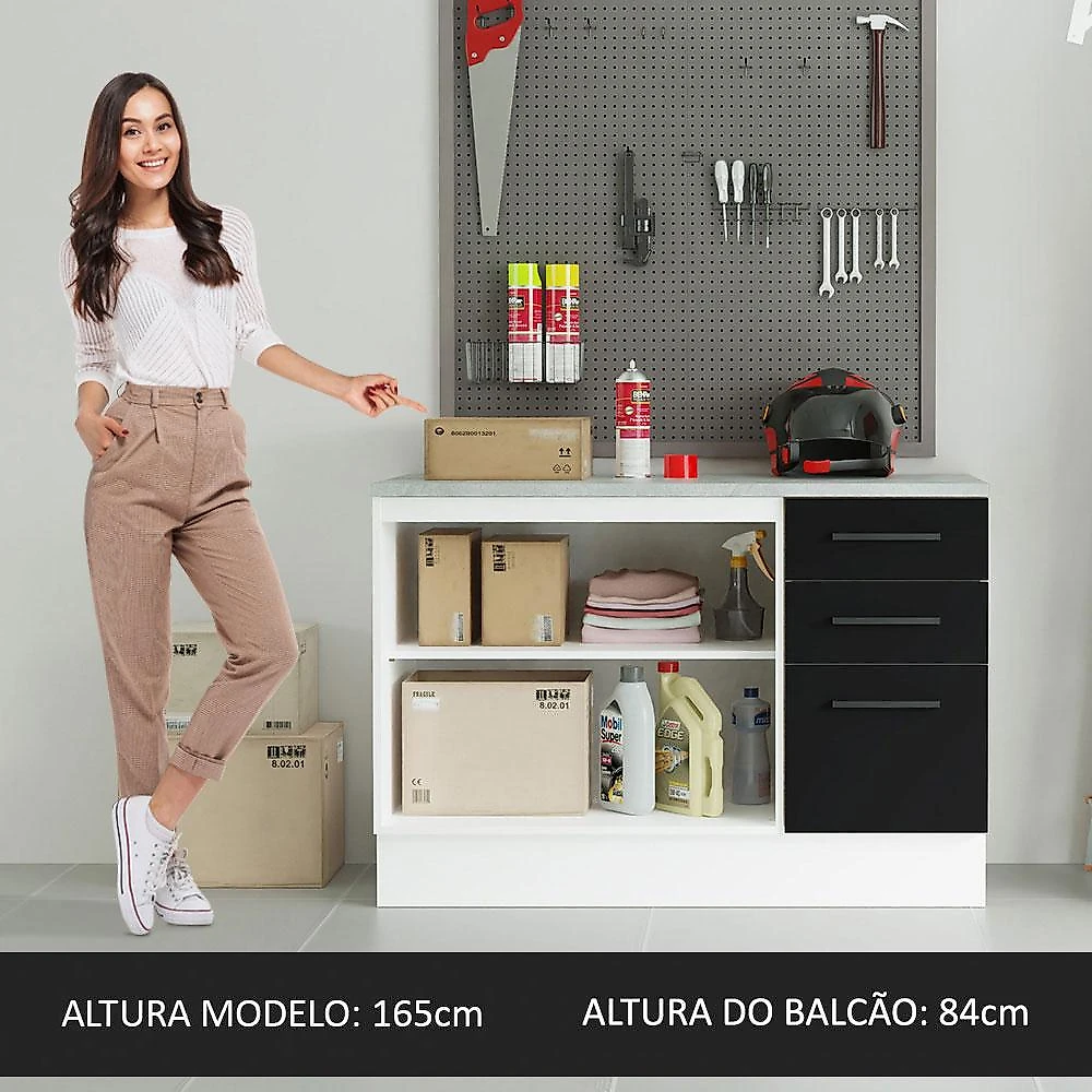 Balcão Multiuso 120cm 2 Portas 3 Gavetas Branco/Preto Agata Madesa Branco/Preto