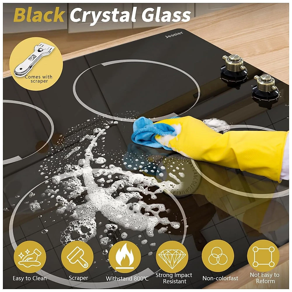 Cooktop elétrico vitrocerâmico 61cm 4 zonas Jessier 6000W comando por manípulos vidro preto 220V
