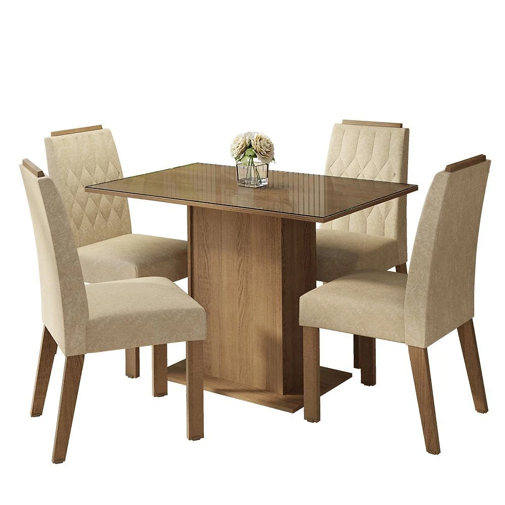 Conjunto sala de jantar tampo de vidro 4 cadeiras pitanga madesa