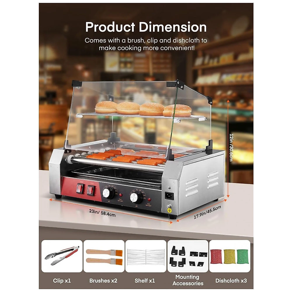 Máquina de Cachorro-Quente FOHERE Hot Dog Roller com 7 Rolos, Capacidade para 1824 Cachorros-Quentes, 1050W de Potência em Aço Inoxidável