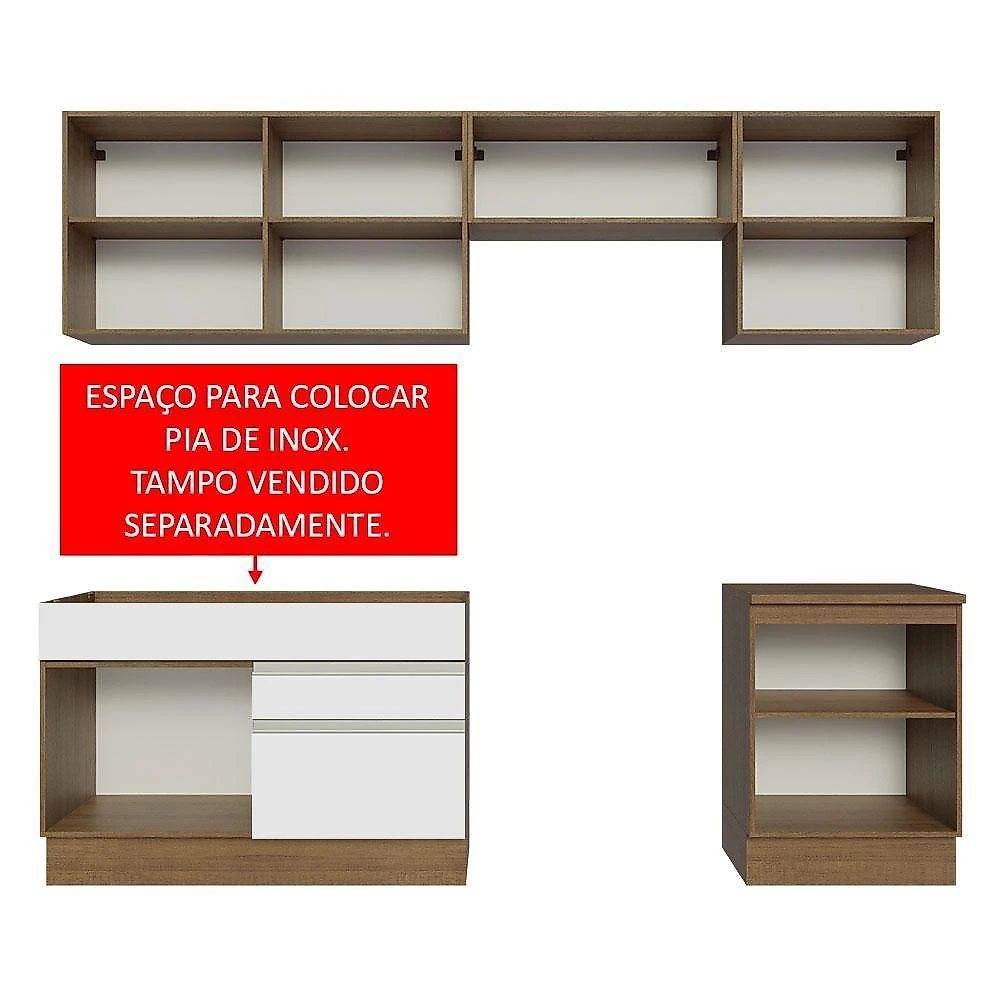 Armário De Cozinha 260Cm Glamy 04 Rustic/Branco
