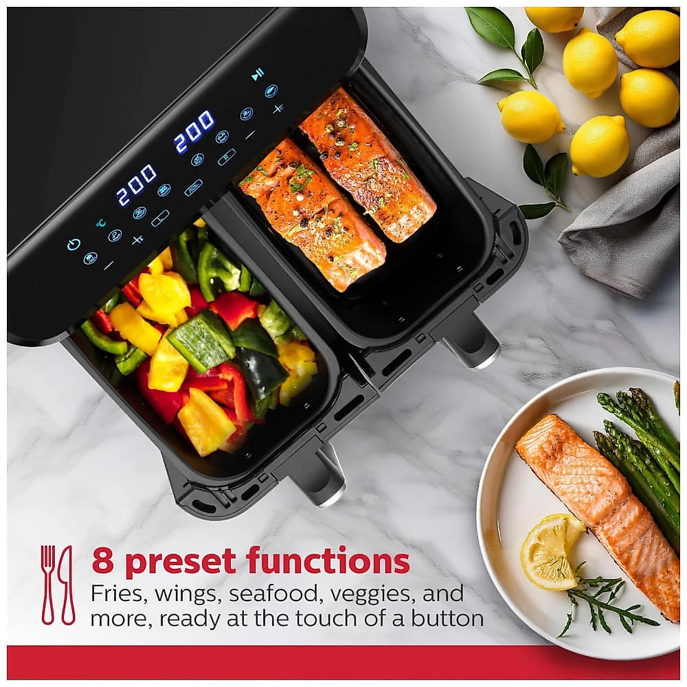 Fritadeira Elétrica Digital Dupla Holstein Housewares Preta 8 em 1 9L Cestões Independentes 1700W 120V, Modelo HH-09202019B
