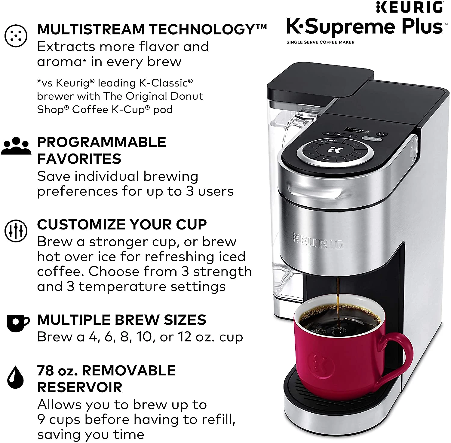 Keurig KSupreme Plus Coffee Maker Single Serve KCup Pod Coffee Brewer With MultiStream Technology 78 Oz Removable Reservoir and Programmable Settings Stainless Steel