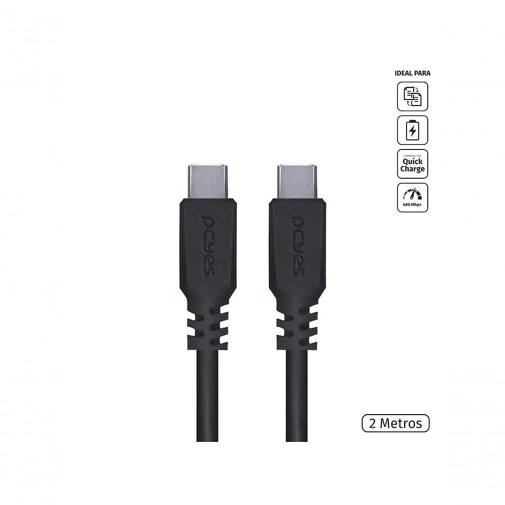 Cabo USB Tipo C Pcyes PUCP-02 para Celular 2.0 Bi-Direcional 480 MBPS 5V 3A 15W Preto 2 METROS