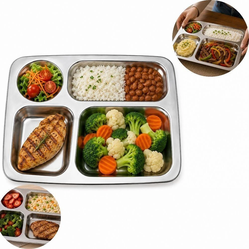 Bandeja de Servir Bandeja Retangular Inox com 4 Compartimentos Aço Inox Fácil Limpeza