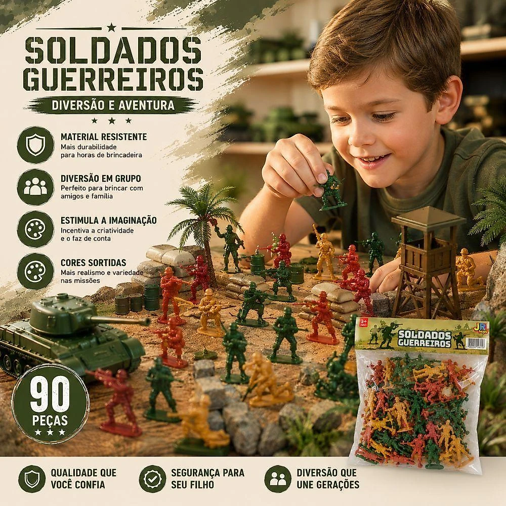 Kit Soldadinhos JR0899 Infantil com Acessórios Fixos Verde 90 Peças