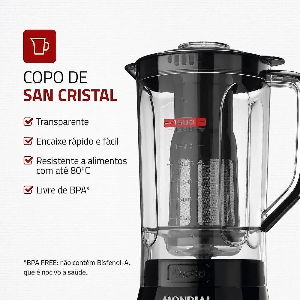 Liquidificador Mondial L-99 FB 1,6L Turbo Aço Inox Preto 110V