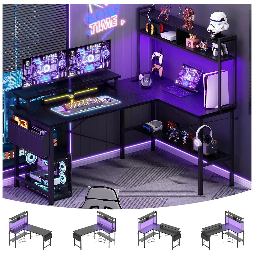 Mesa Gamer em L Aheaplus Preta com Tomadas Elétricas, Luzes LED, Suporte para Monitor e Prateleiras, 49 polegadas (124 cm)