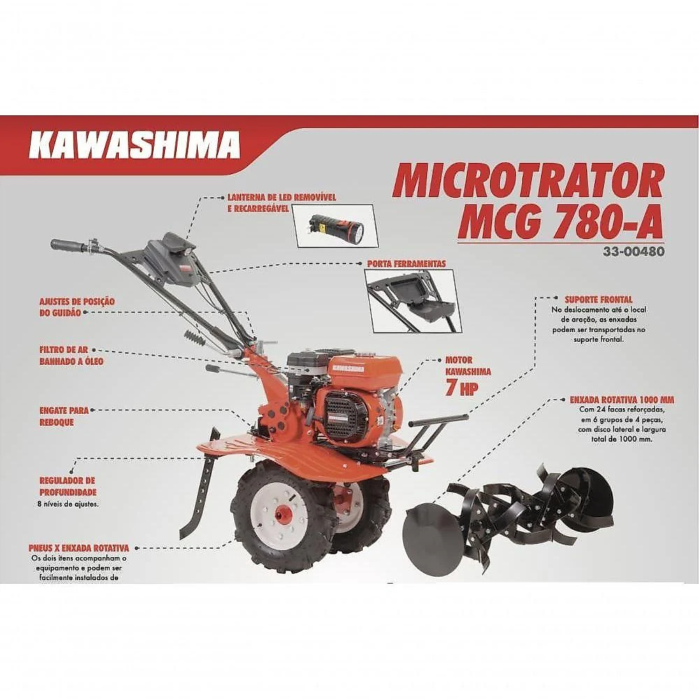Motocultivador MCG 780-A a Gasolina 4T 7HP com 24 Lâminas Cultivadoras e Lanterna de LED Kawashima
