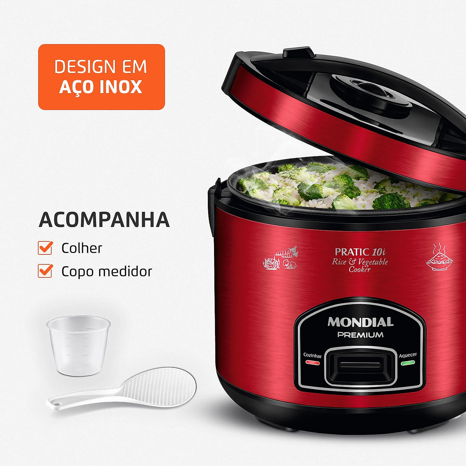 Panela Elétrica Mondial Pratic 10I PE-46-10X PANELA ELÉTRICA DE ARROZ-127V-VERMELHO/INOX