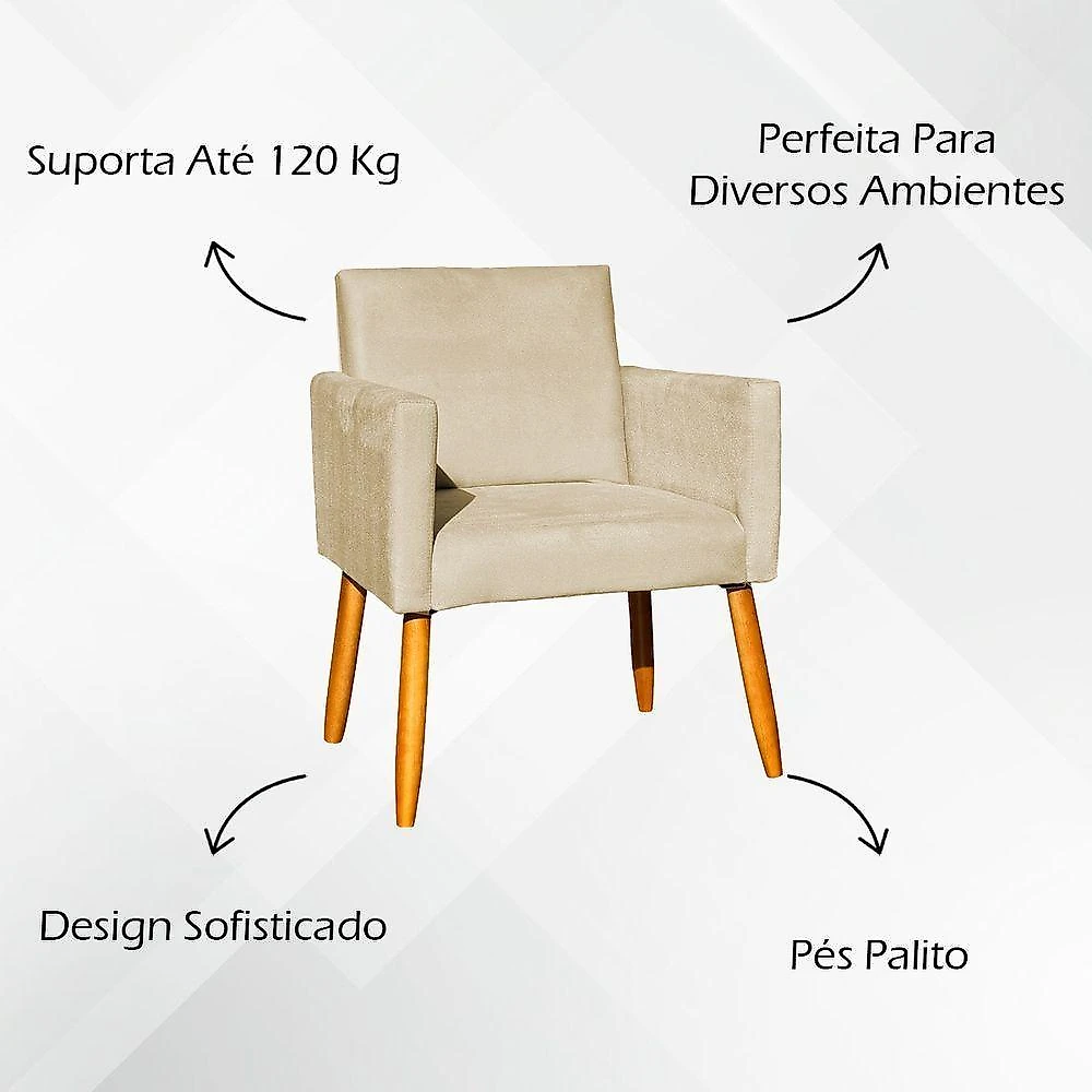 Kit 4 Poltrona Para Sala Recepção Consultório Cadeira Nina Pés Palito Bege Suede
