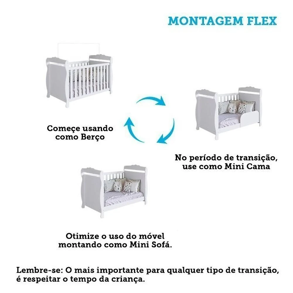 Quarto de Bebê com Guarda Roupa 3 Portas com Janelas e Berço Americano Nina 100% Mdf Espresso Móveis Branco Brilho