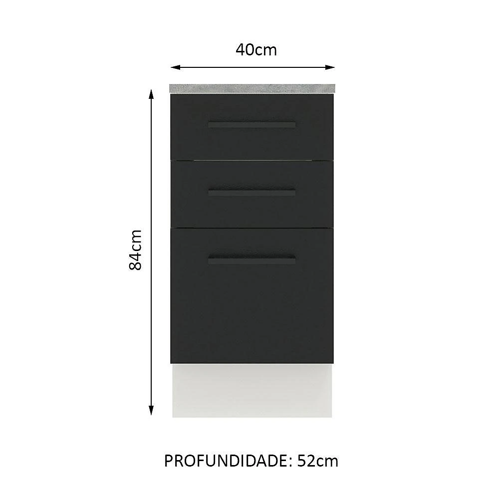 Balcão armário de cozinha 40 cm 3 gavetas branco/preto agata madesa