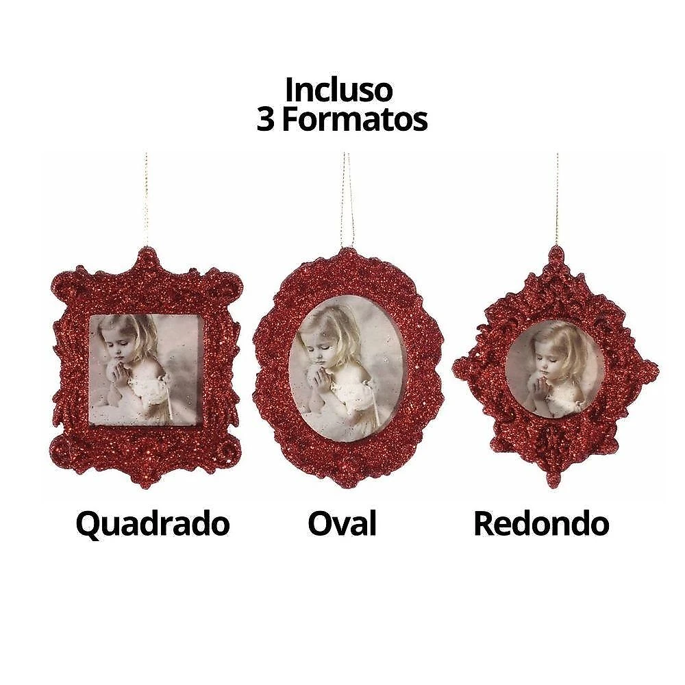 Enfeite Natalino Kit Porta Retrato Gliter Vermelho com Sistema Exclusivo para Fotos 10cm 6 Peças