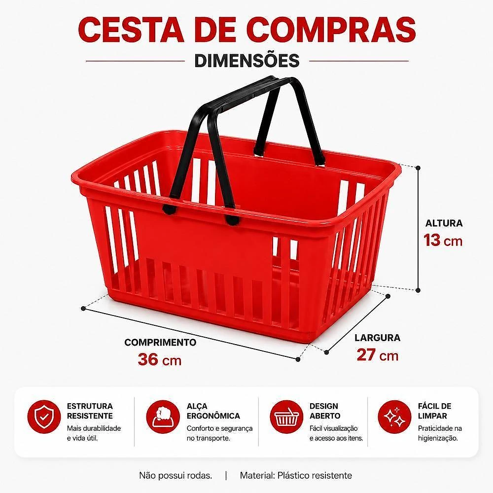 Cesta de Compras Plastica Reforcada com Alca Ergonomica Multiuso Mercado Feira Lojas Hortifruti