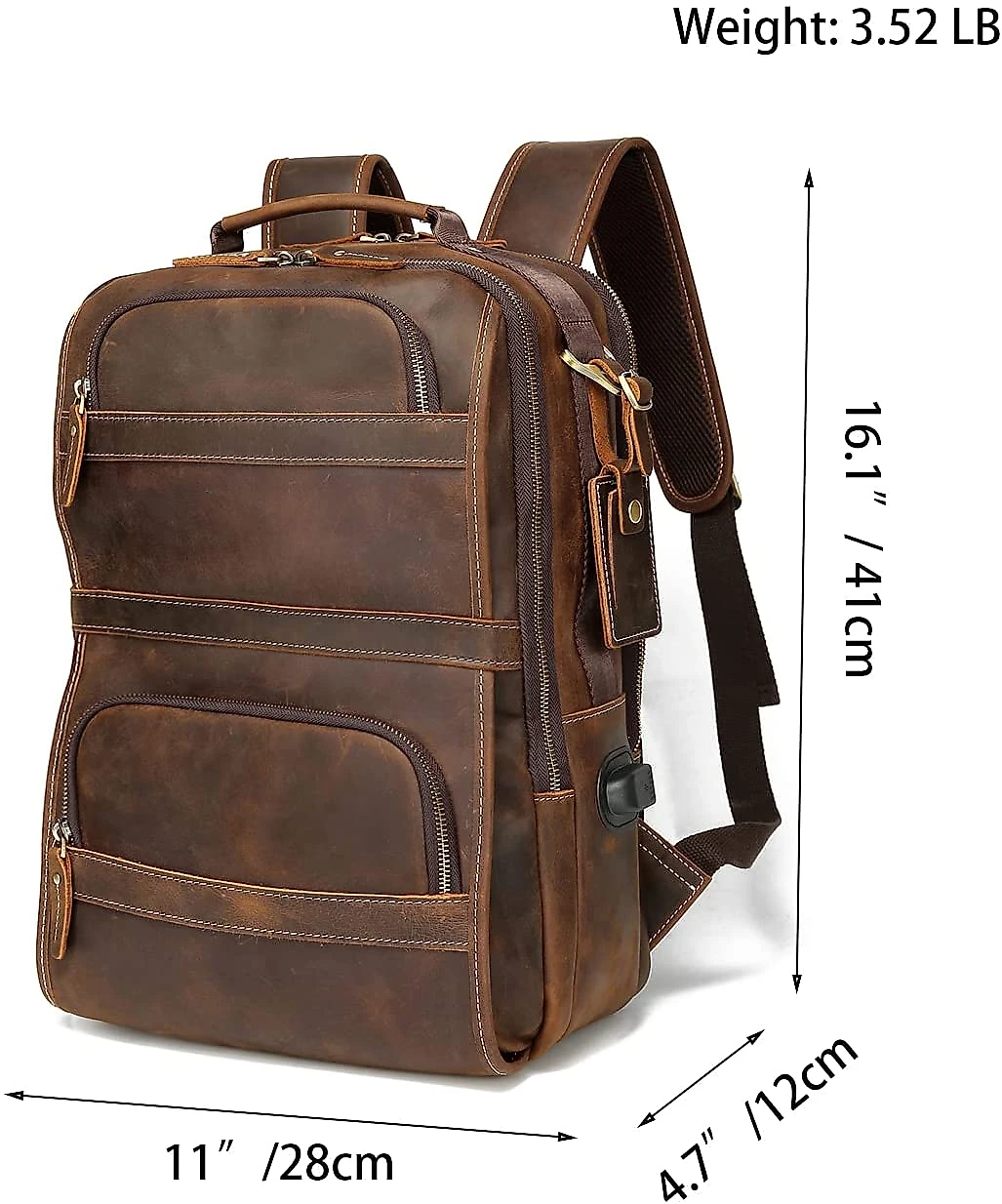 Lannsyne LB140 Mochila Unissex de Couro Genuíno para Laptop 40 cm Marrom