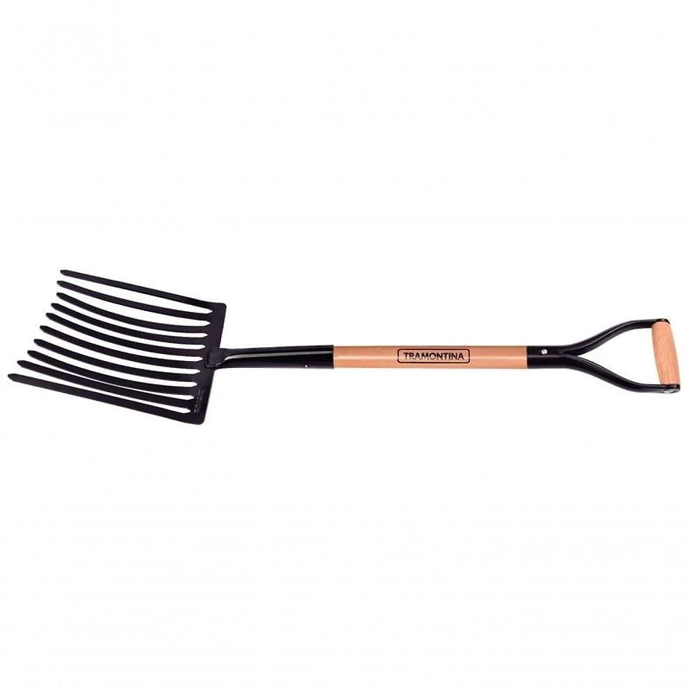 Forcado Para Cascalho Tramontina 10 Dentes Com Cabo De Madeira 74cm