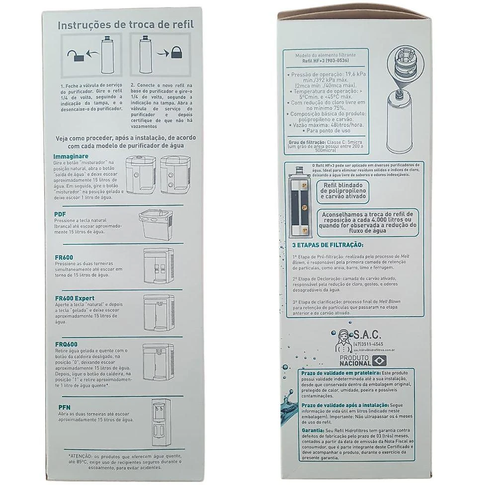 Refil Filtro HF+3 Hidrofiltros Compatível IBBL Immaginare PDF FRQ600 Expert PFN Bivolt Branco