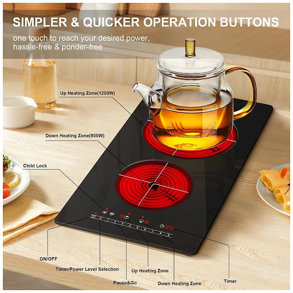 Cooktop Eltrico de Infravermelho Porttil com Queimador Duplo, Placa de Aquecimento de Cermica e Compatvel com Embutido ou Bancada, 110V 2000W, 110v