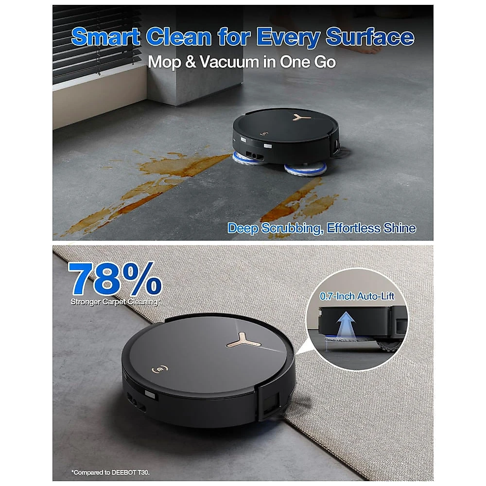 Aspirador Robô ECOVACS DEEBOT T50 MAX 18.500Pa com Estação 12-em-1 e Esfregão Auto Lift 18mm Preto