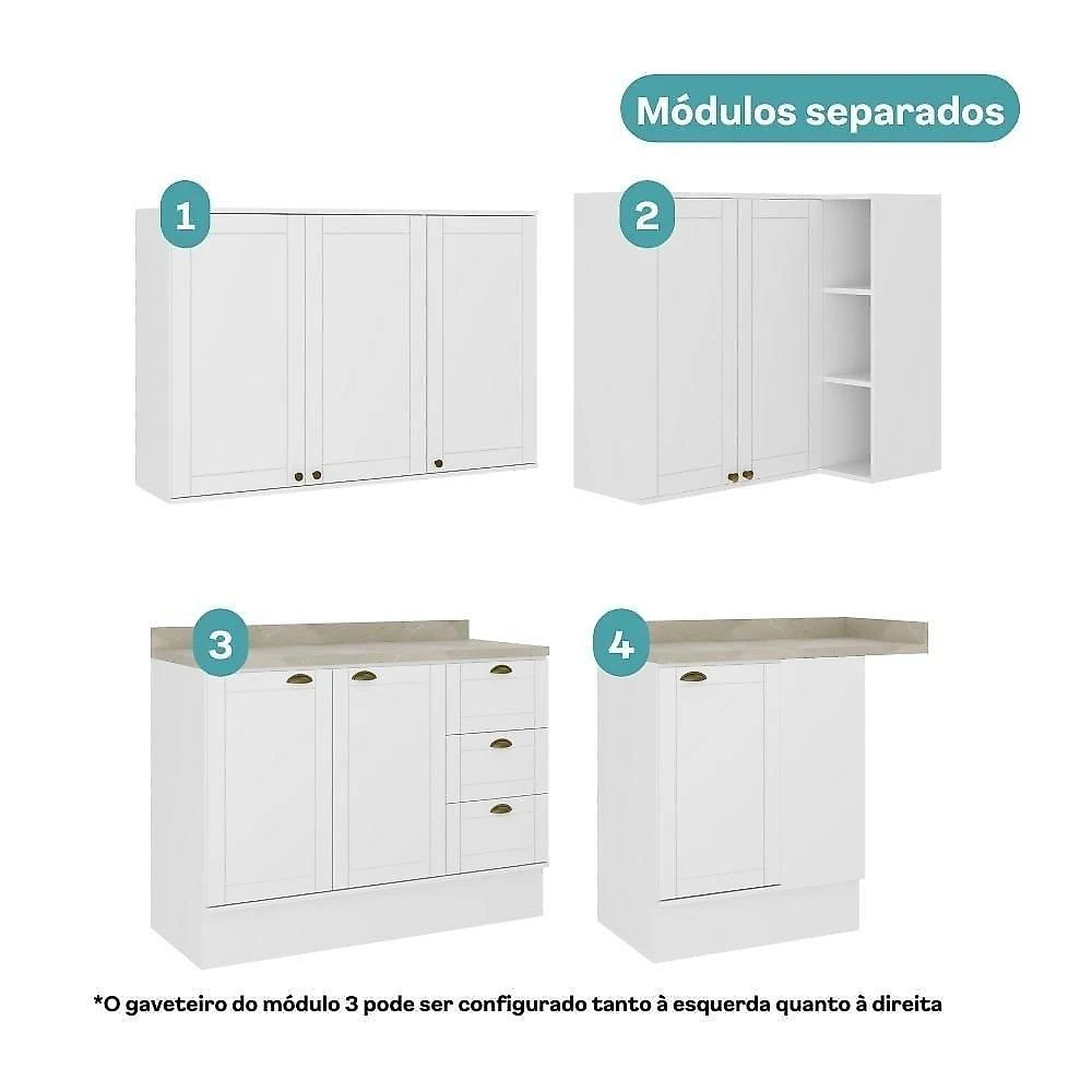 Cozinha Milla Bee Fit 8 Portas 3 Gavetas MDF 265CM Branca com Puxadores Dourados Móveis Carraro