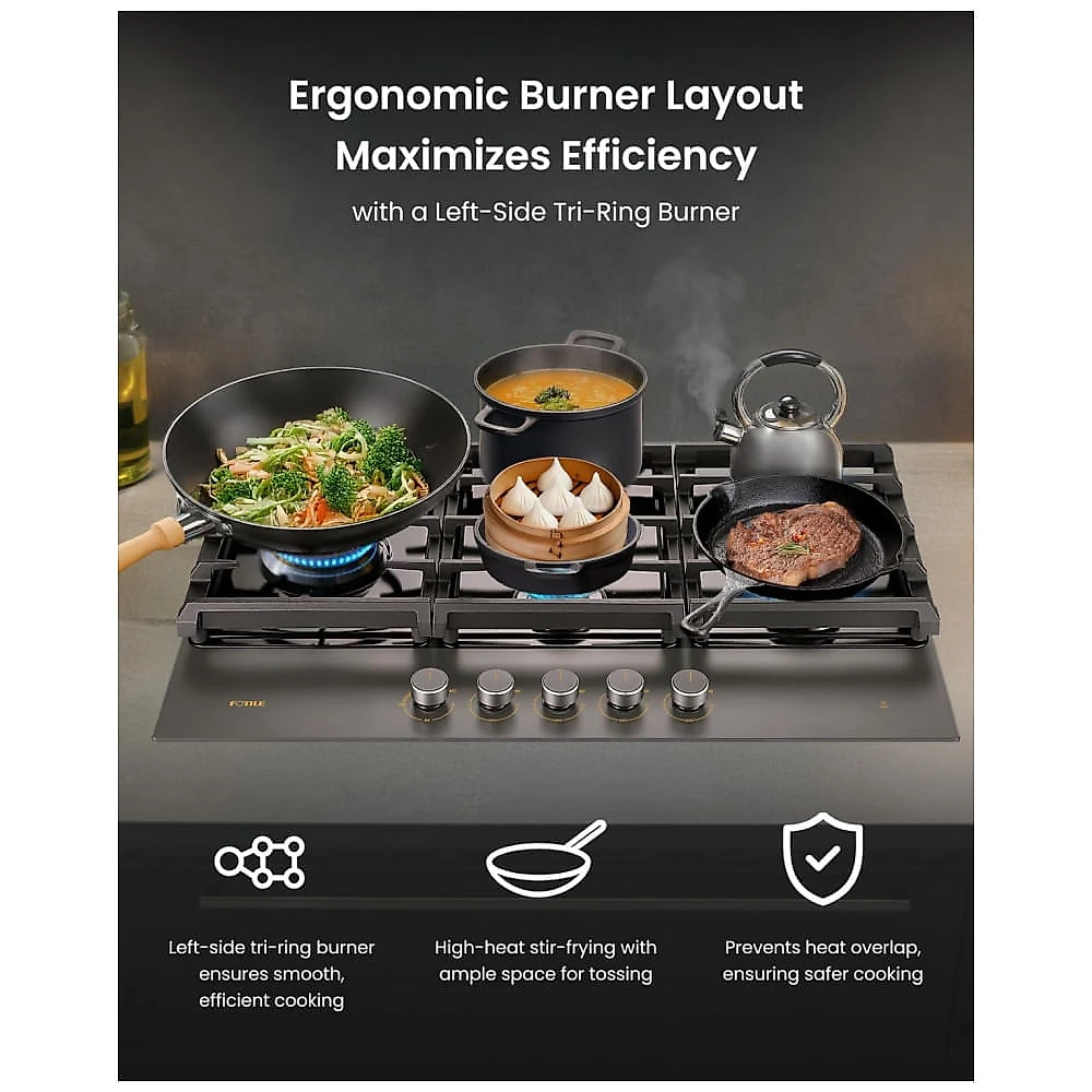 Cooktop a gás 5 queimadores Fotile vidro temperado cinza Moonshadow queimador triplo 18.000 BTU layout em losango 110V