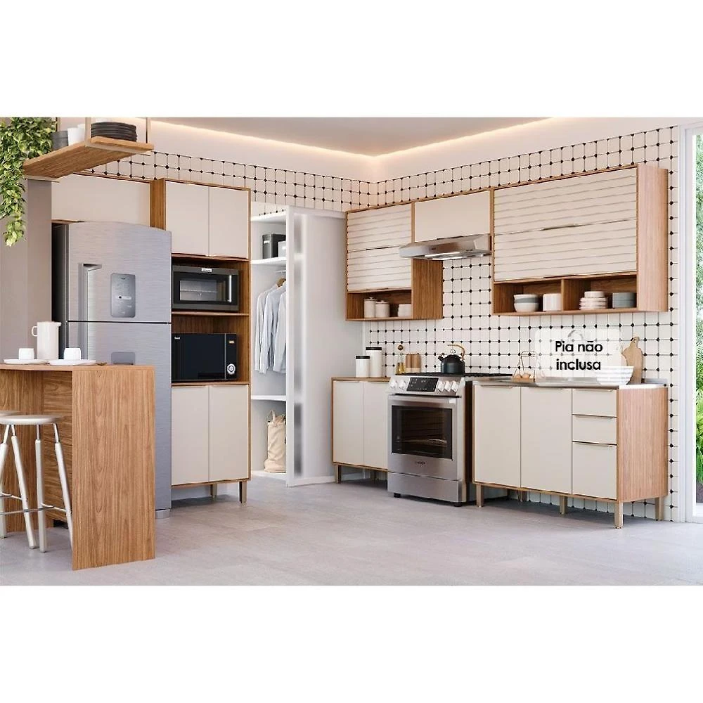 Cozinha Completa 7 Peças Esplêndida 4 Aéreos 2 Balcões 1 Torre Quente C7p183 Freijó Off White