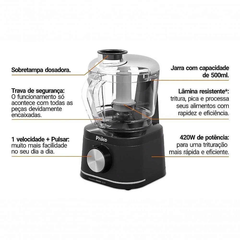 Processador de Alimentos Philco PMN04A 420W Preto com Jarra 500ML 220V