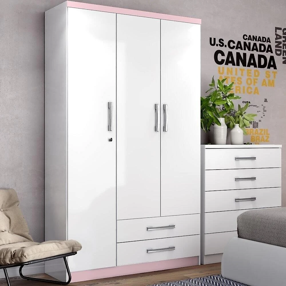 Guarda Roupa Solteiro 3 Portas 2 Gavetas Miami Henn Branco/Branco/Rosa Chá
