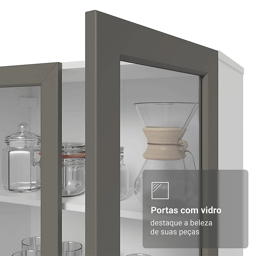 Cristaleira 70 cm 2 portas de vidro com pés cônicos branco/cinza/branco vik madesa