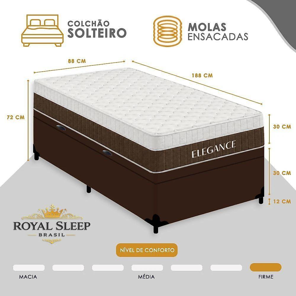 Cama Box com Baú Solteiro Elegance Pillow Top Molas Ensacadas Suede Marrom Royal