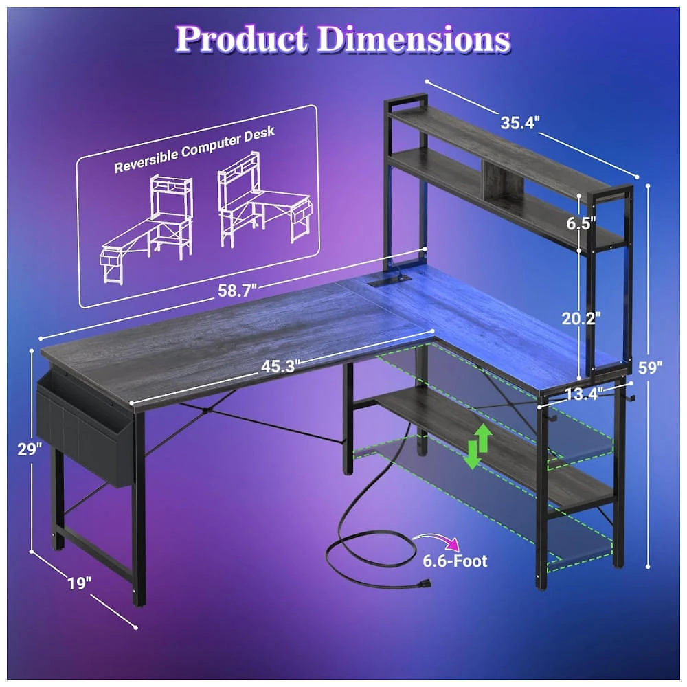 Mesa Gamer em L Aheaplus Carvalho Preto LED RGB 60000 Cores Tomadas USB 4 Prateleiras 150cm, Modelo AP-59DGJDK-BO