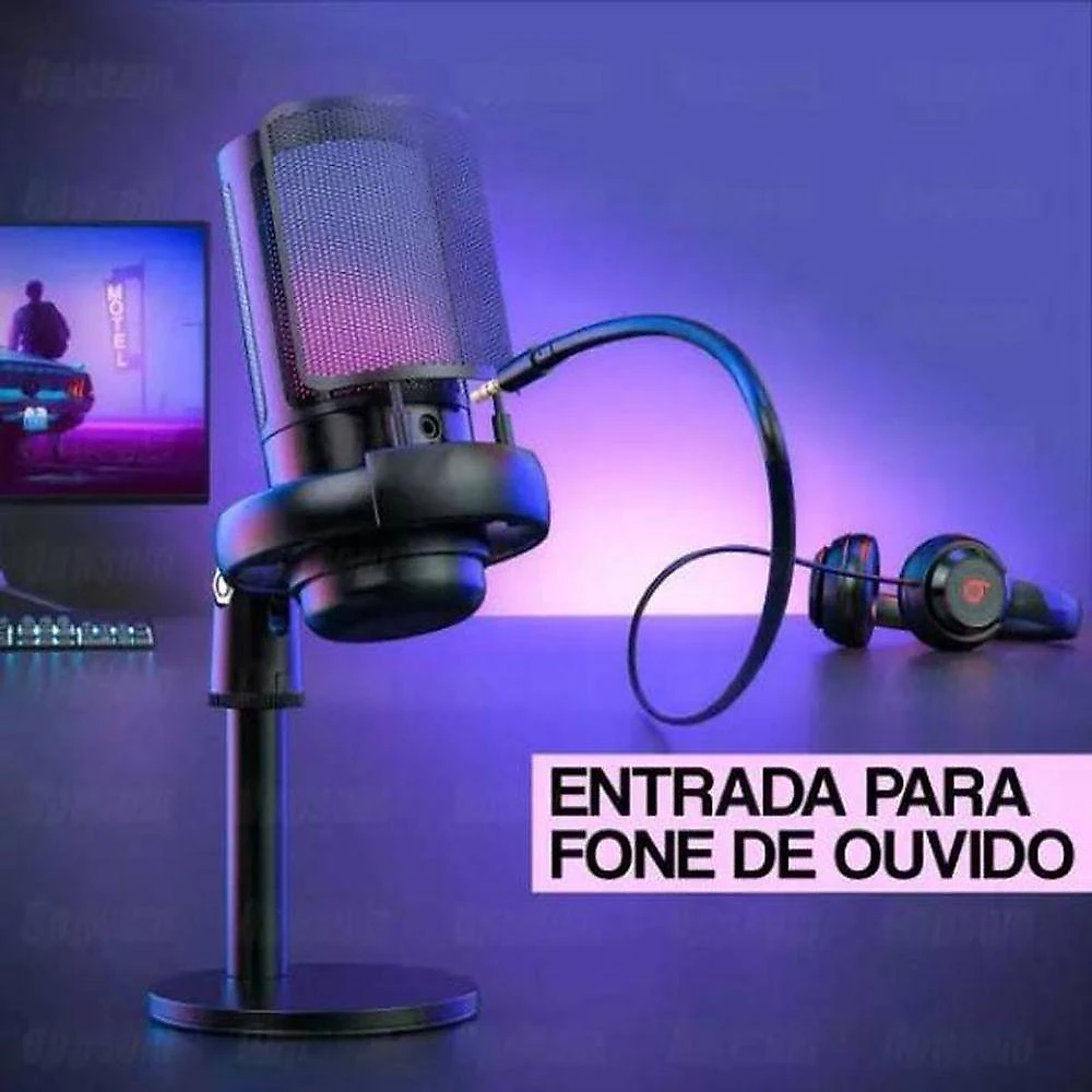 Microfone Gamer Tomate com Suporte LED RGB 7 Cores USB Plug And Play Preto
