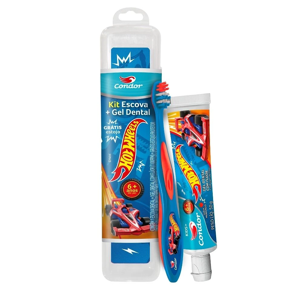 Kit Escova + Gel Dental Condor Kids Hot Wheels com Flúor Morango 50g e Ganhe Estojo Protetor