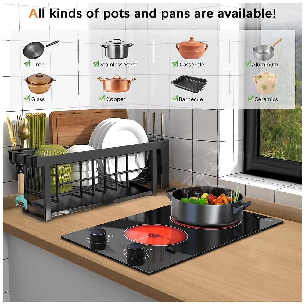 Cooktop Elétrico Karinear 110V 2 Bocas 30 cm Controle de Botão Cooktop Cerâmico Embutido, 9 Níveis de Aquecimento, Aviso de Superfície Quente,