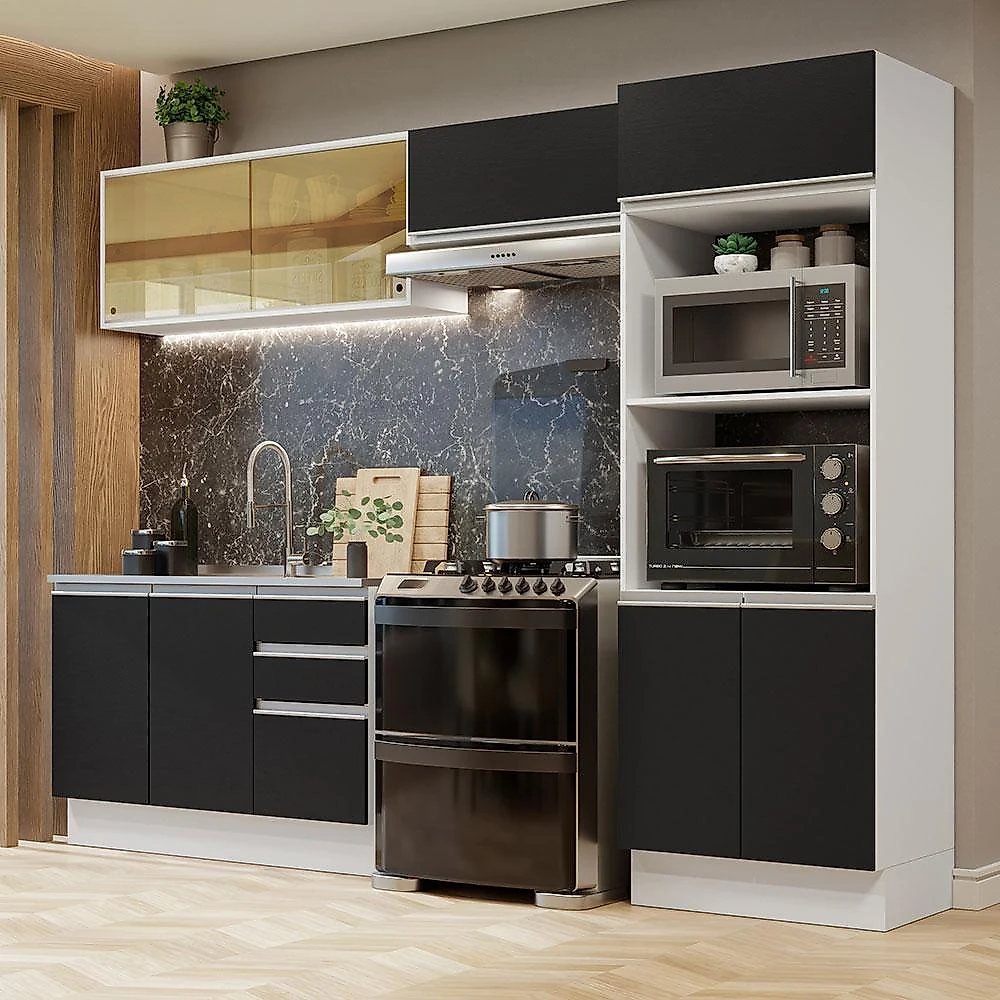Armário de cozinha completa 100% mdf 270cm branco/preto acordes madesa 08
