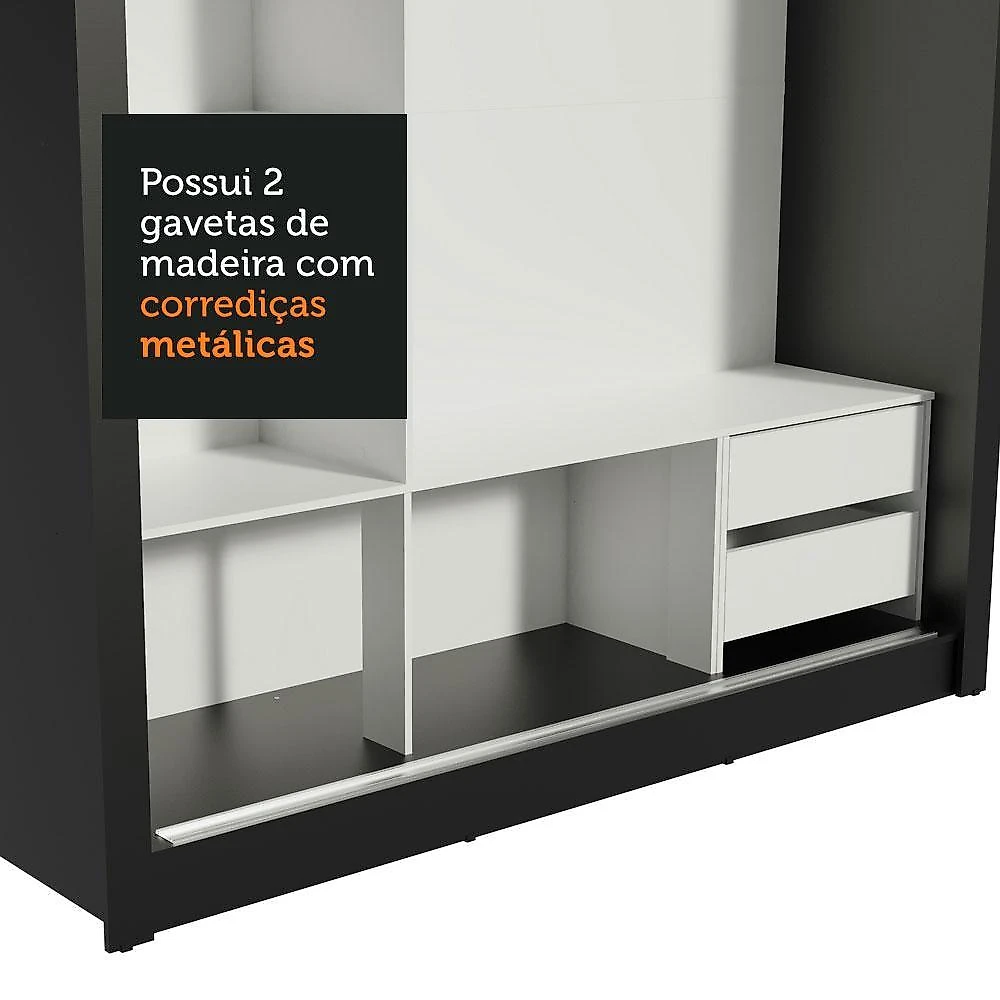 Guarda roupa casal madesa lyon 3 portas de correr com espelho 2 gavetas preto/rustic