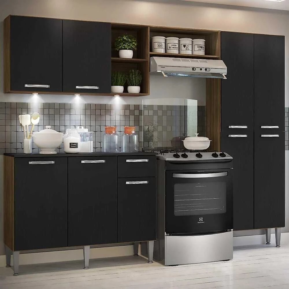 Cozinha Compacta C/ 3 Leds 3 Pçs Pequim Multimóveis V3413 Nogueira/Preta Nogueira/Preto