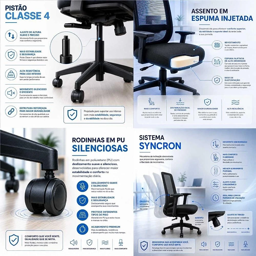 Conjunto Mesa de Escritório 140x60cm + Cadeira Ergonômica Reclinável Sistema Syncron Pistão Classe 4